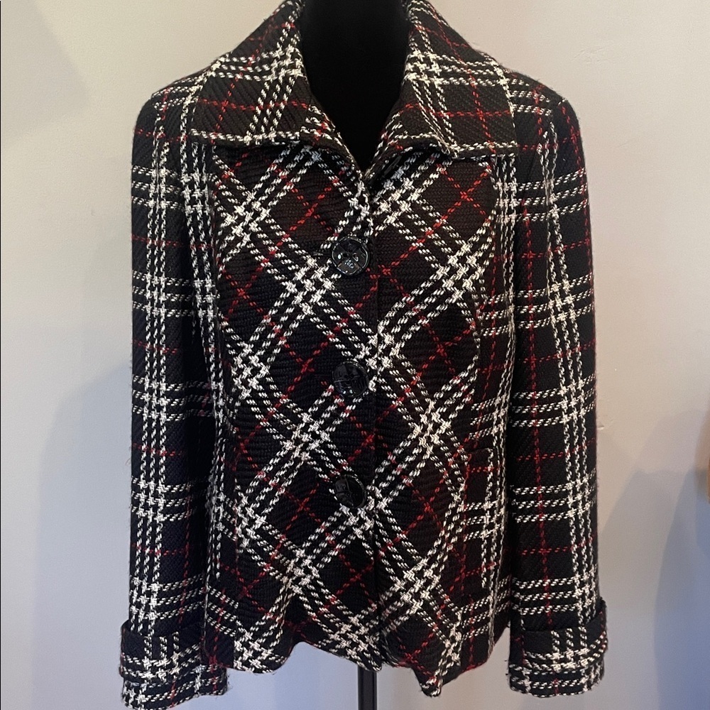Plaid Button-Up coat by Chicos black and red winter wear